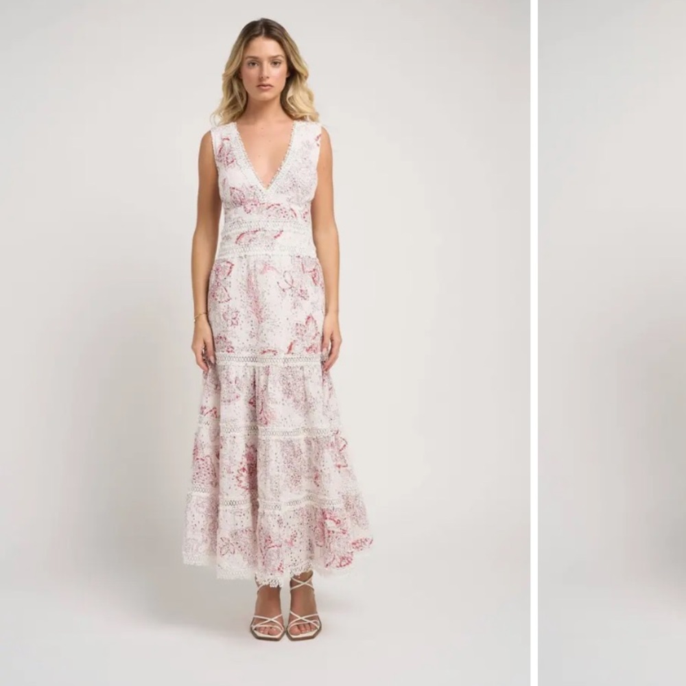 Floral Lace Maxi Dress - White and Pink